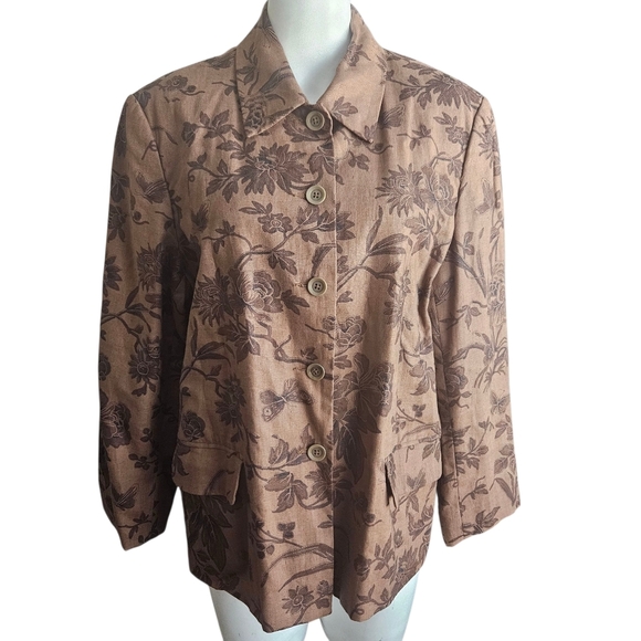 Talbots Linen Floral Brown Button Front Jacket Shirt Size 14 Fall Academia - Picture 2 of 12
